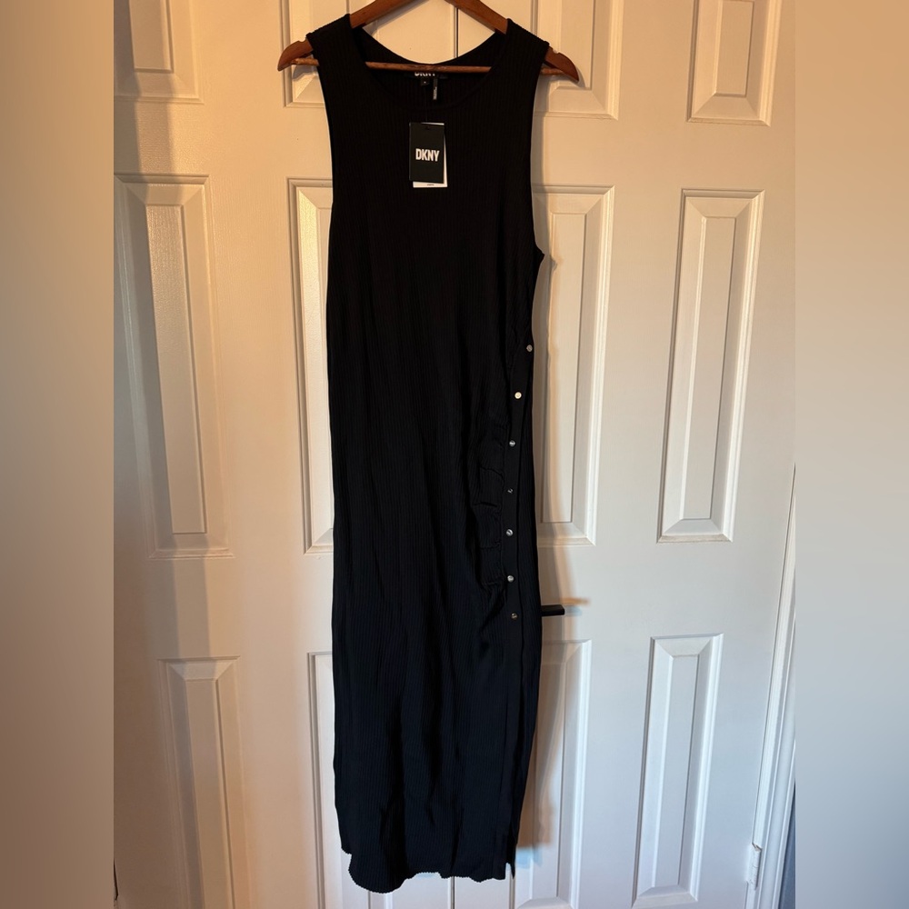 NWT DKNY Black Ribbed Sleeveless Maxi Dress with Side Buttons